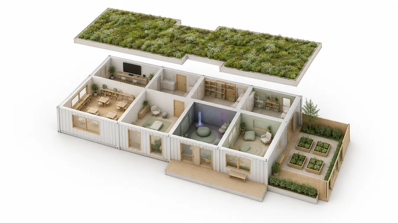 Rozložený model modulu: trieda, terapeutická miestnosť, Snoezelen, tichá miestnosť, technologické zázemie, záhrada a terasa.